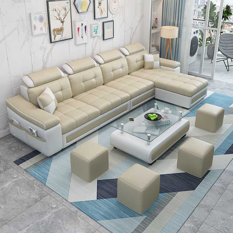 Modern L-shape Sofa and Chaise Right Facing Faux Leather/Linen Blend Sectionals