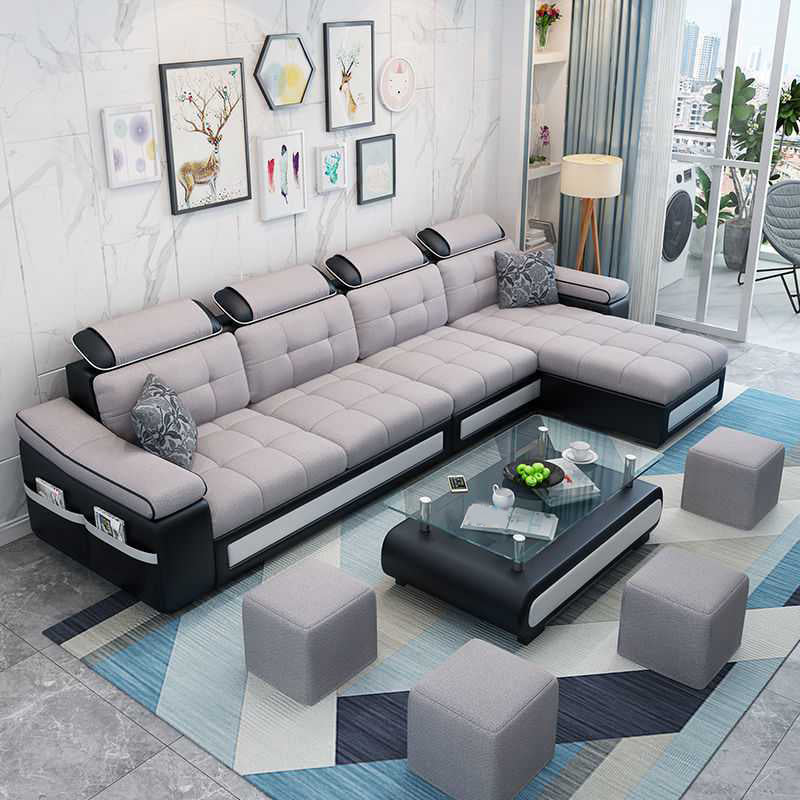 Modern L-shape Sofa and Chaise Right Facing Faux Leather/Linen Blend Sectionals