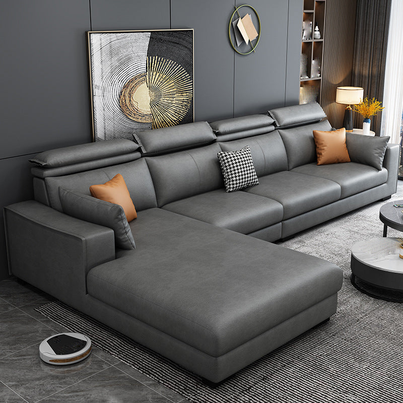 Faux Leather L-Shape Sectional Recessed Arm Sofa and Chaise with Pillowed Back Cushions