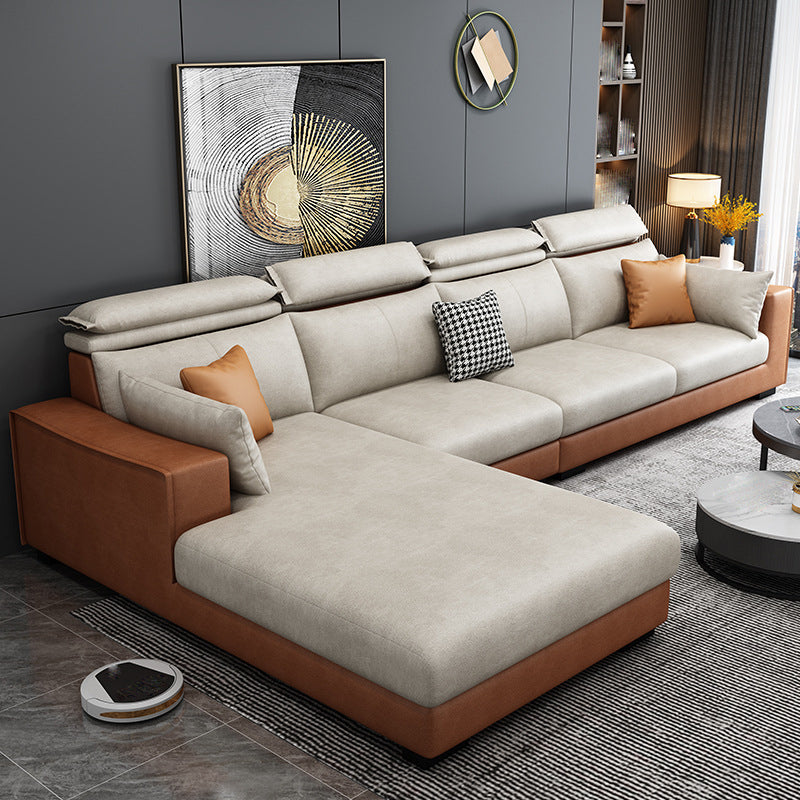 Faux Leather L-Shape Sectional Recessed Arm Sofa and Chaise with Pillowed Back Cushions