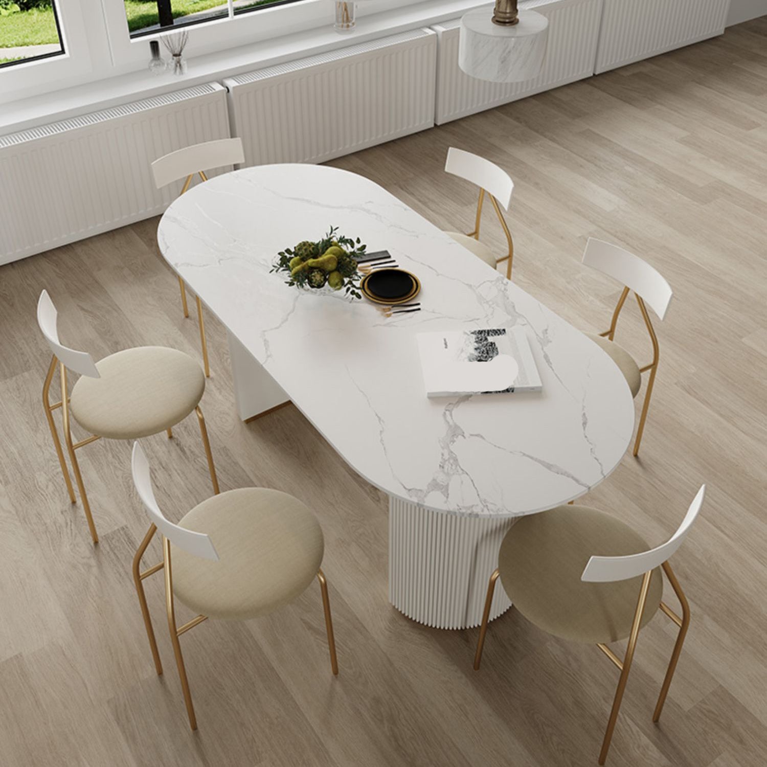 Table à manger ovale en pierre avec base blanche moderne pour salon
