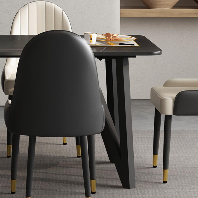 Industrial Rectangle Tripod Base Dining Table Black Frame Stone Top Dining Table