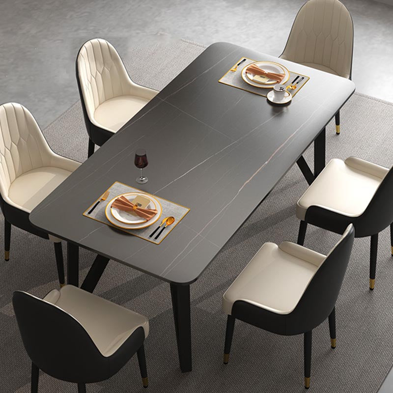 Industrial Rectangle Tripod Base Dining Table Black Frame Stone Top Dining Table
