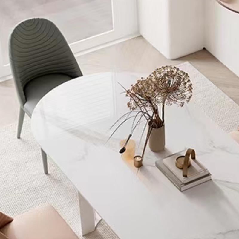 Modern White Stone Top Dinner Table Oval Metal Double Pedestal Dining Table