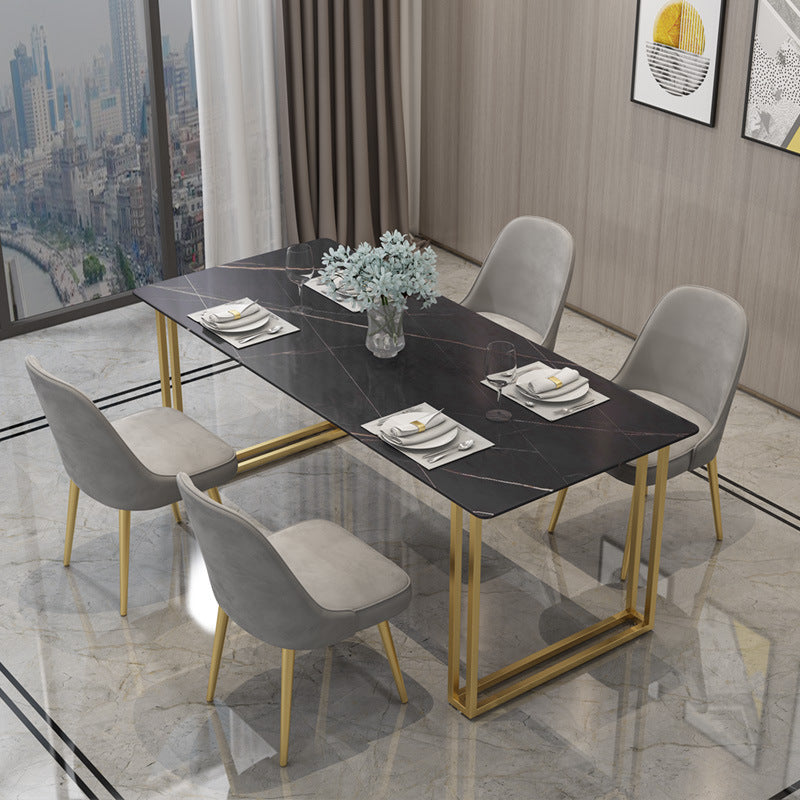 Glam Style Rectangle Stone Table for Restaurant Gold Sled Base Table