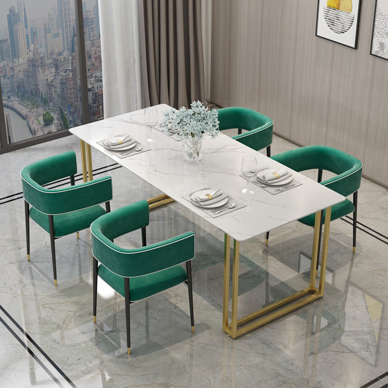 Glam Style Rectangle Stone Table for Restaurant Gold Sled Base Table