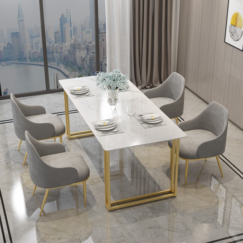 Glam Style Rectangle Stone Table for Restaurant Gold Sled Base Table