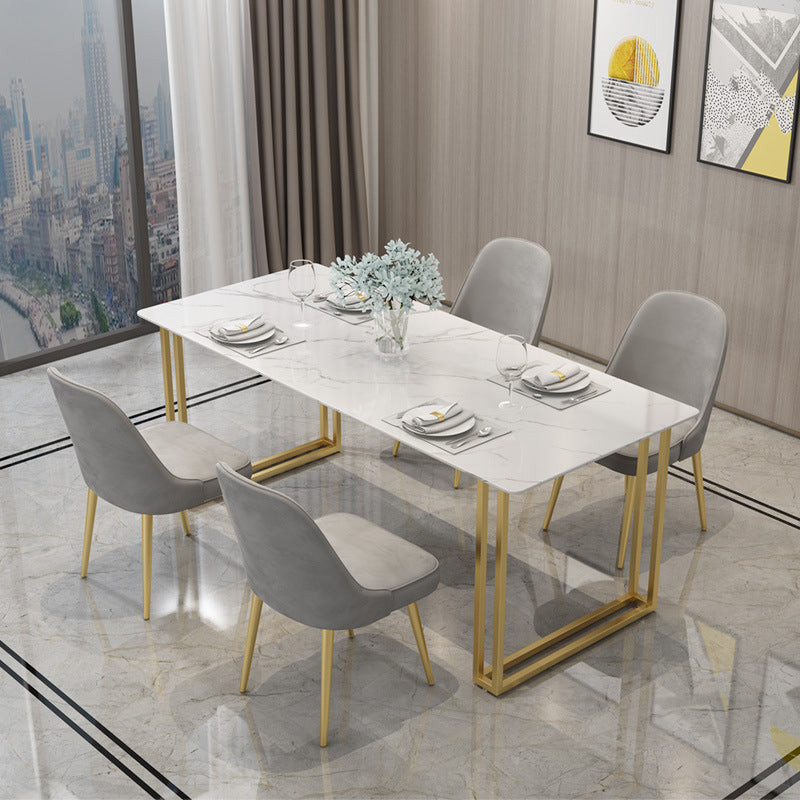 Glam Style Rectangle Stone Table for Restaurant Gold Sled Base Table