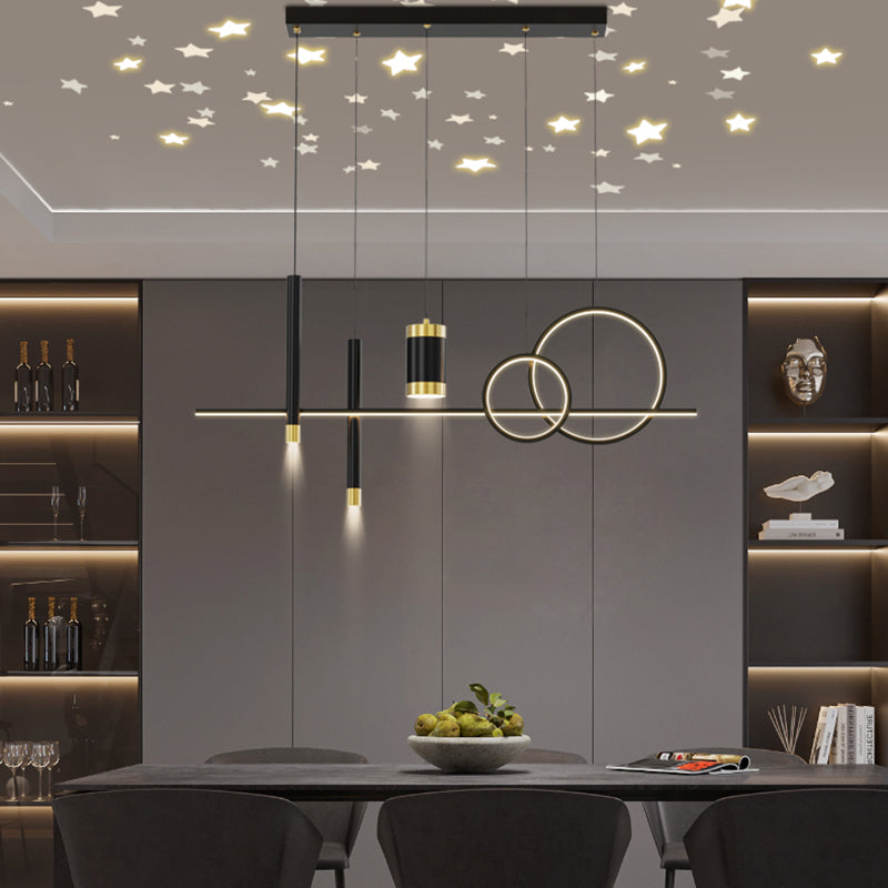 Black Metal Island Light Fixtures Modern Multi-Head Geometry Restaurant LED Hanging Lamps