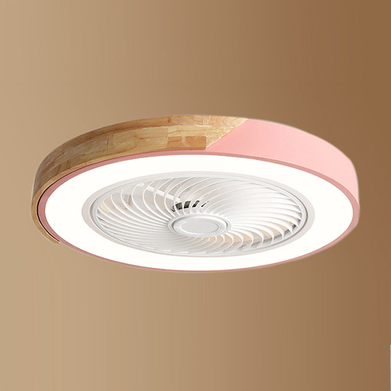 Lámpara de ventilador LED redondeo de macaron con cuchillas invisibles dormitorio de madera sólida semi flush luz