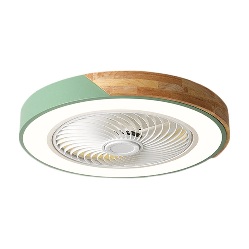 Lámpara de ventilador LED redondeo de macaron con cuchillas invisibles dormitorio de madera sólida semi flush luz