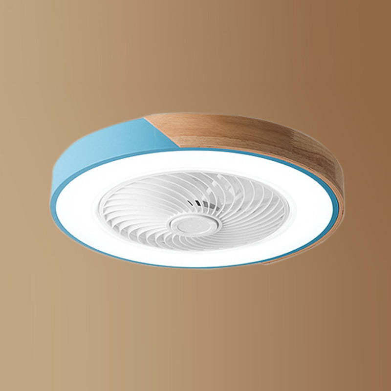 Lámpara de ventilador LED redondeo de macaron con cuchillas invisibles dormitorio de madera sólida semi flush luz