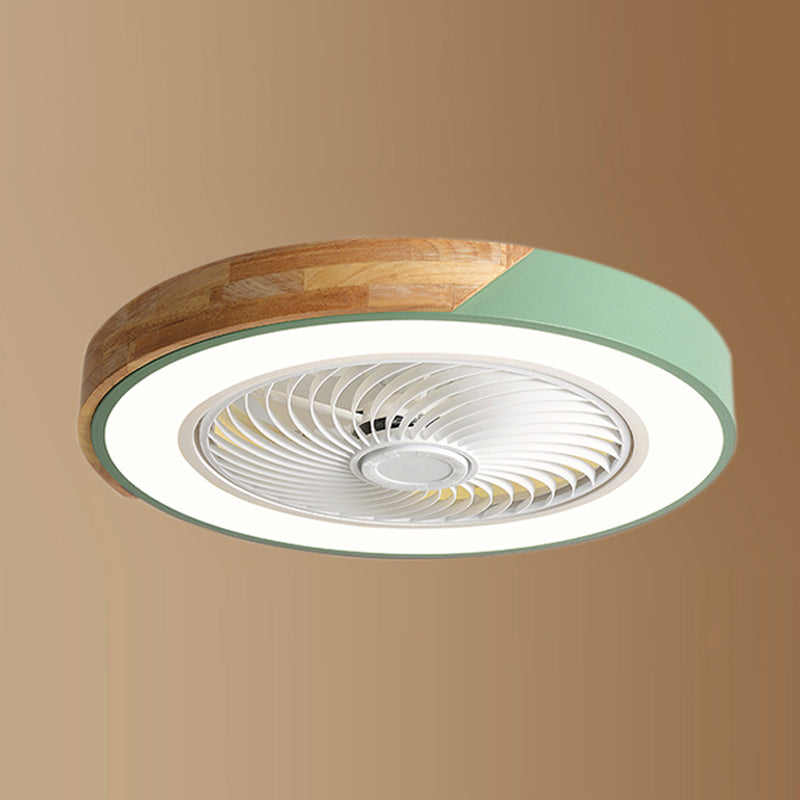 Lámpara de ventilador LED redondeo de macaron con cuchillas invisibles dormitorio de madera sólida semi flush luz