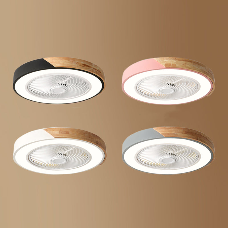 Lámpara de ventilador LED redondeo de macaron con cuchillas invisibles dormitorio de madera sólida semi flush luz