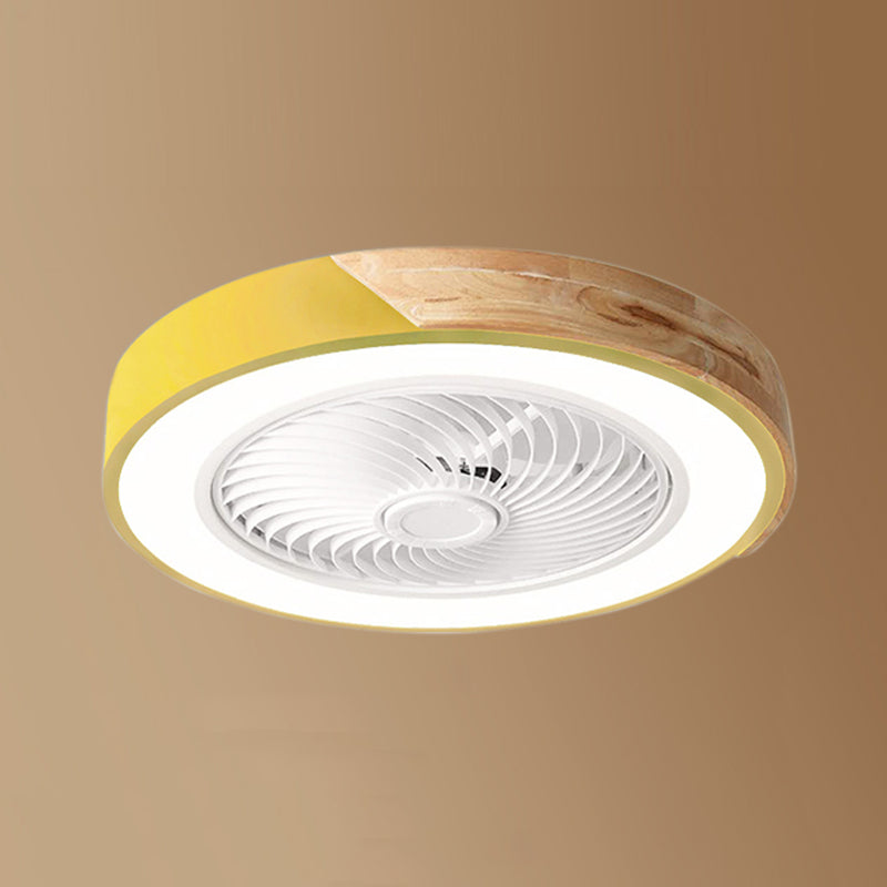 Lámpara de ventilador LED redondeo de macaron con cuchillas invisibles dormitorio de madera sólida semi flush luz