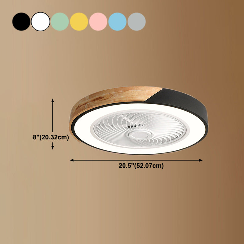 Lámpara de ventilador LED redondeo de macaron con cuchillas invisibles dormitorio de madera sólida semi flush luz
