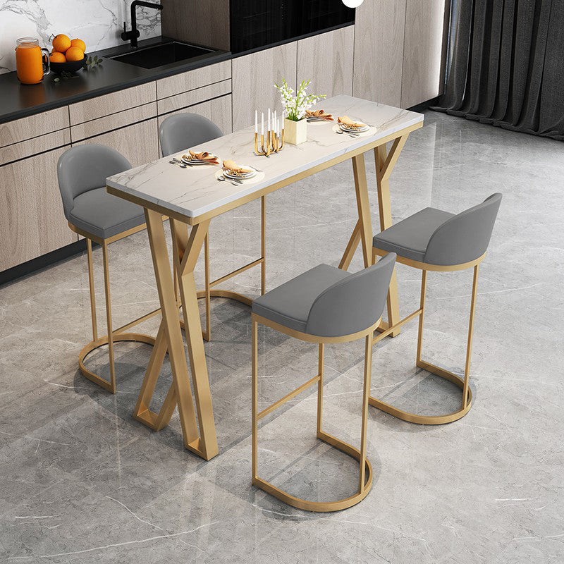 Glam Gold Steel Bar Dining Table with White Faux Marble Top Rectangle Indoor Bistro Table