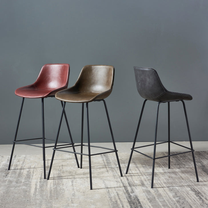 Contemporary Footrest Restaurant Stool Matte Finish Leather Barstool