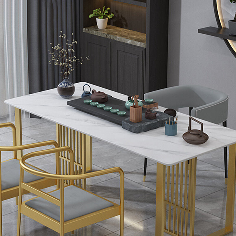 Glam Stone Dining Table Rectangle Iron Table with Golden Double Pedestal Table
