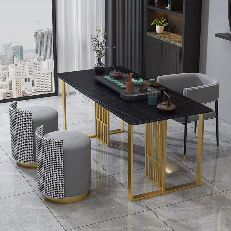 Glam Stone Dining Table Rectangle Iron Table with Golden Double Pedestal Table