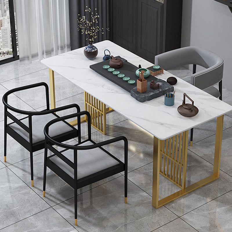 Glam Stone Dining Table Rectangle Iron Table with Golden Double Pedestal Table