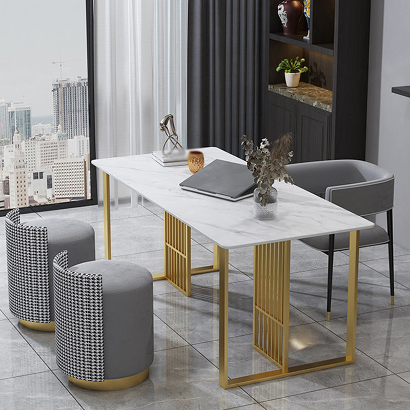 Glam Stone Dining Table Rectangle Iron Table with Golden Double Pedestal Table