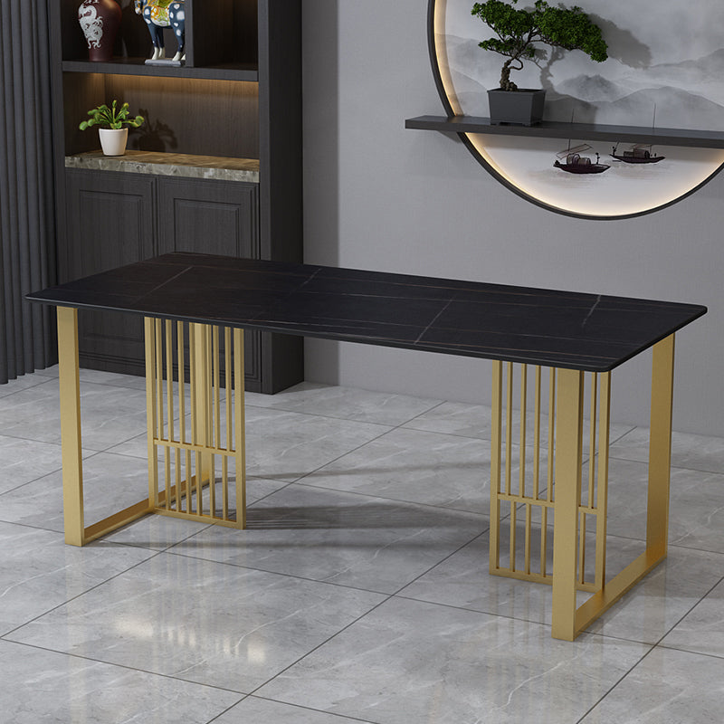 Glam Stone Dining Table Rectangle Iron Table with Golden Double Pedestal Table