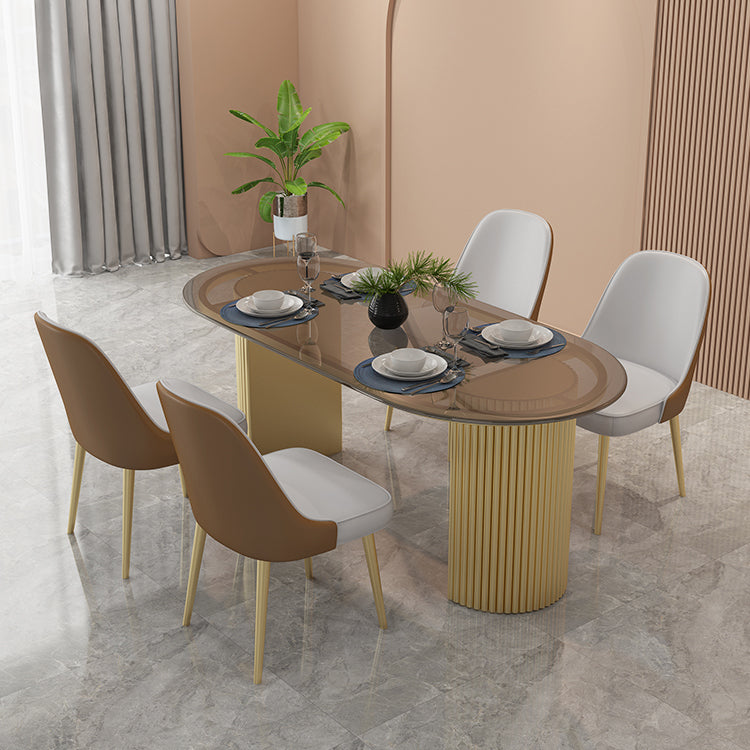 Metal Contemporary Oval Dining Table Double Pedestal Table for Dining Room