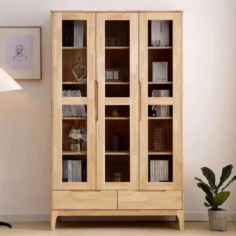 Scandinavian Solid Wood Bookcase Natural Closed Back Bookshelf with Door