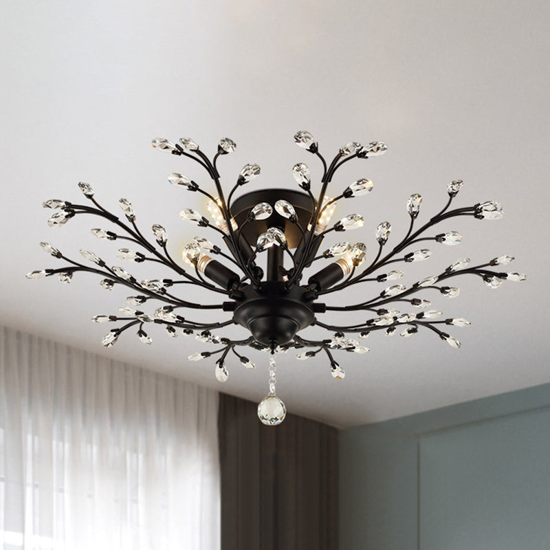 Contemporary Leaf Flush Light Crystal Flush Mount Ceiling Fixture in Black