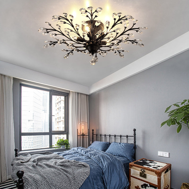 Contemporary Leaf Flush Light Crystal Flush Mount Ceiling Fixture in Black