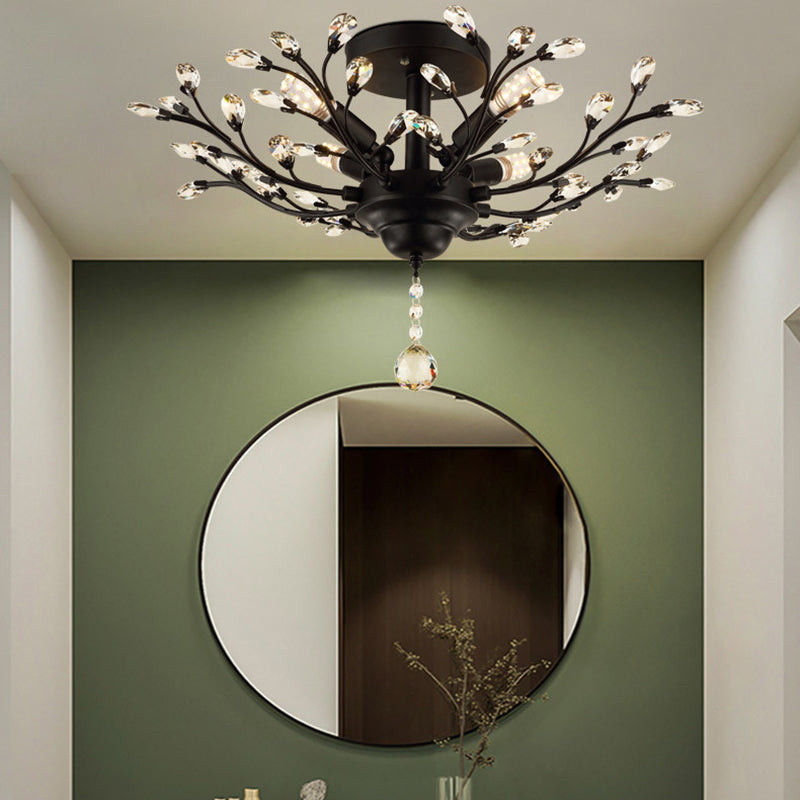 Contemporary Leaf Flush Light Crystal Flush Mount Ceiling Fixture in Black