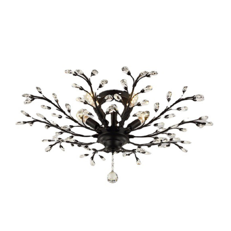 Contemporary Leaf Flush Light Crystal Flush Mount Ceiling Fixture in Black
