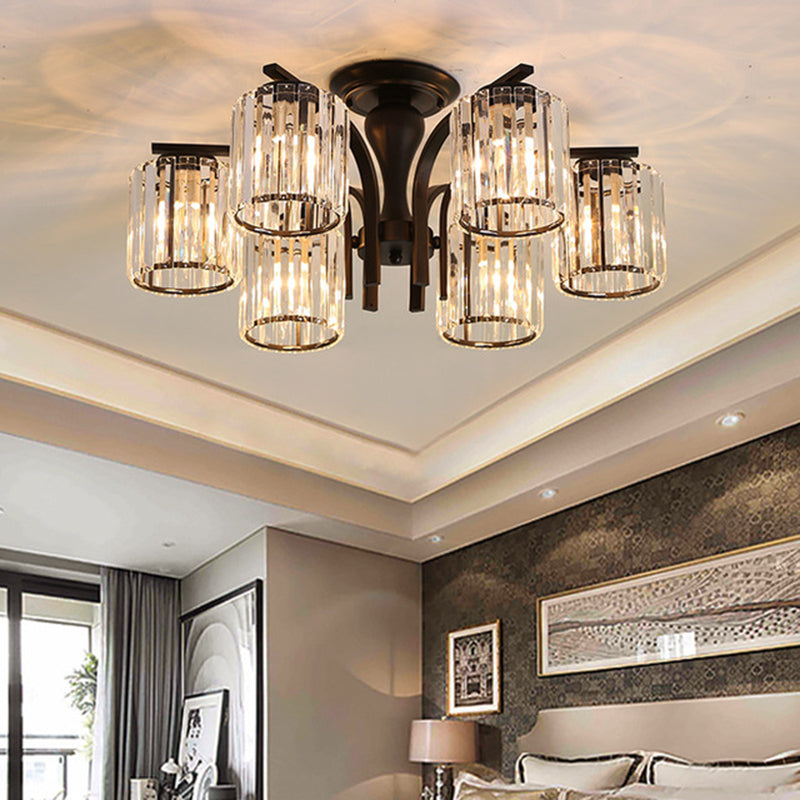 Contemporary Cylinder Flush Light Crystal Flush Mount Ceiling Fixture in Black