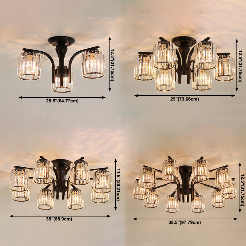 Contemporary Cylinder Flush Light Crystal Flush Mount Ceiling Fixture in Black