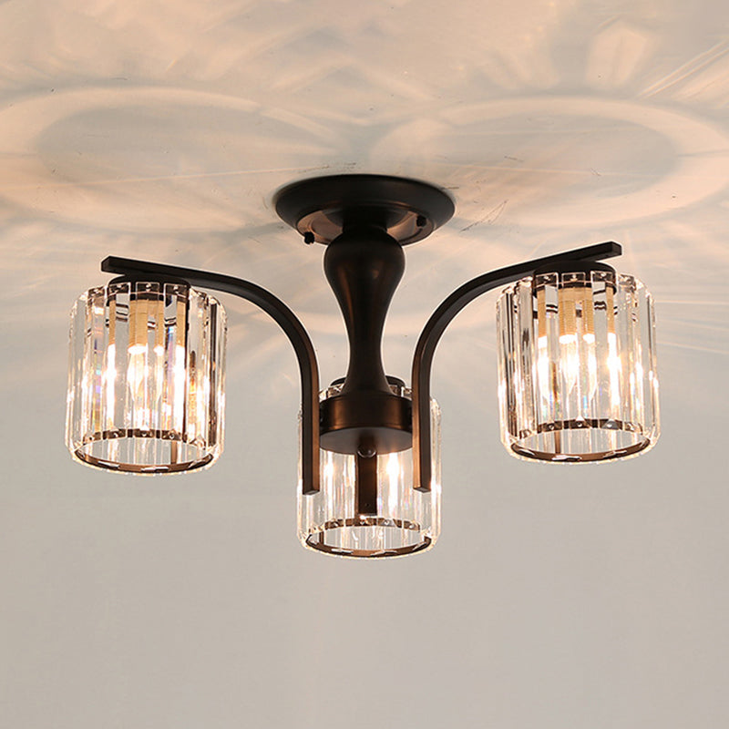 Contemporary Cylinder Flush Light Crystal Flush Mount Ceiling Fixture in Black