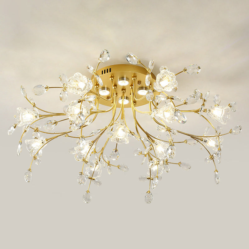 Contemporary Flower-Shaped Flush Light Crystal Flush Mount Ceiling Fixture in Gold