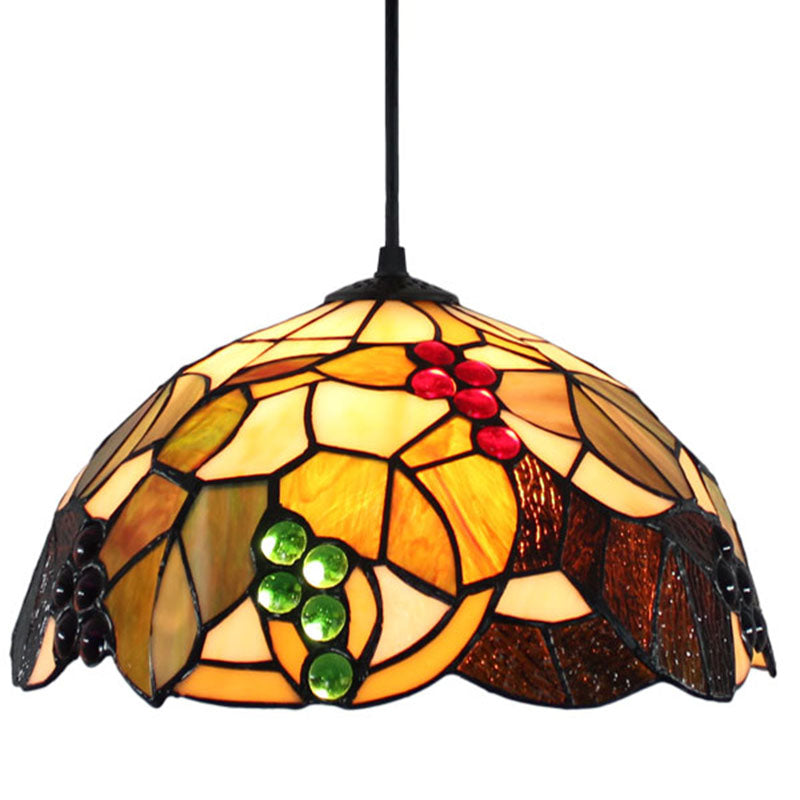 Tiffany 1-Light Pendant Lighting Grapes and Leaf Stained Glass Hanging Ceiling Light