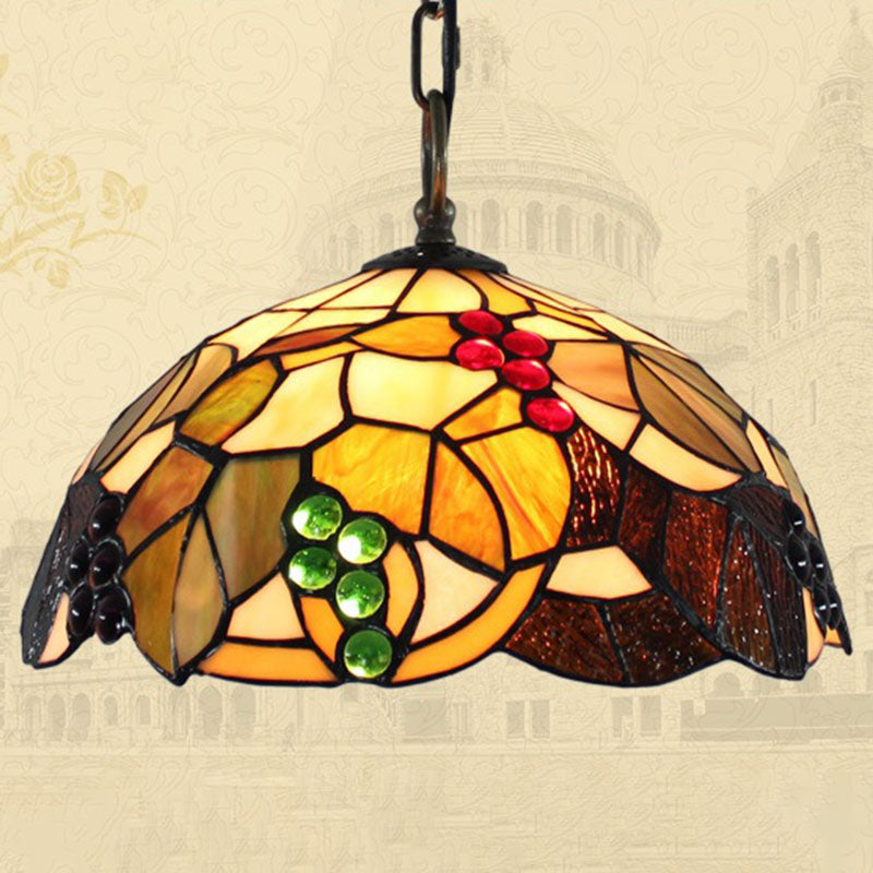 Tiffany 1-Light Pendant Lighting Grapes and Leaf Stained Glass Hanging Ceiling Light