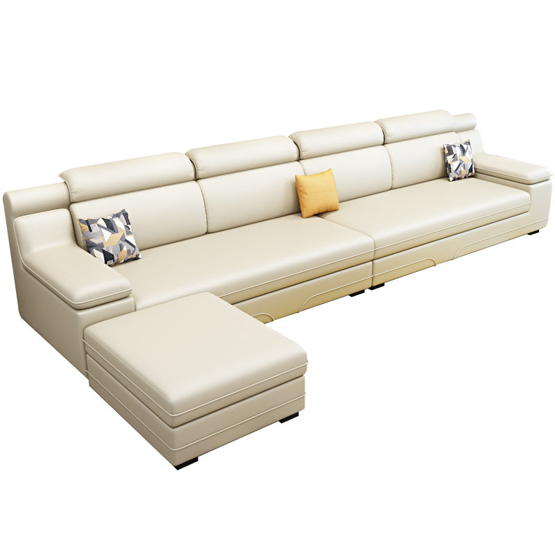 Contemporary Reversible Sectional Linen/Faux Leather Sofa with Ottoman for Four People