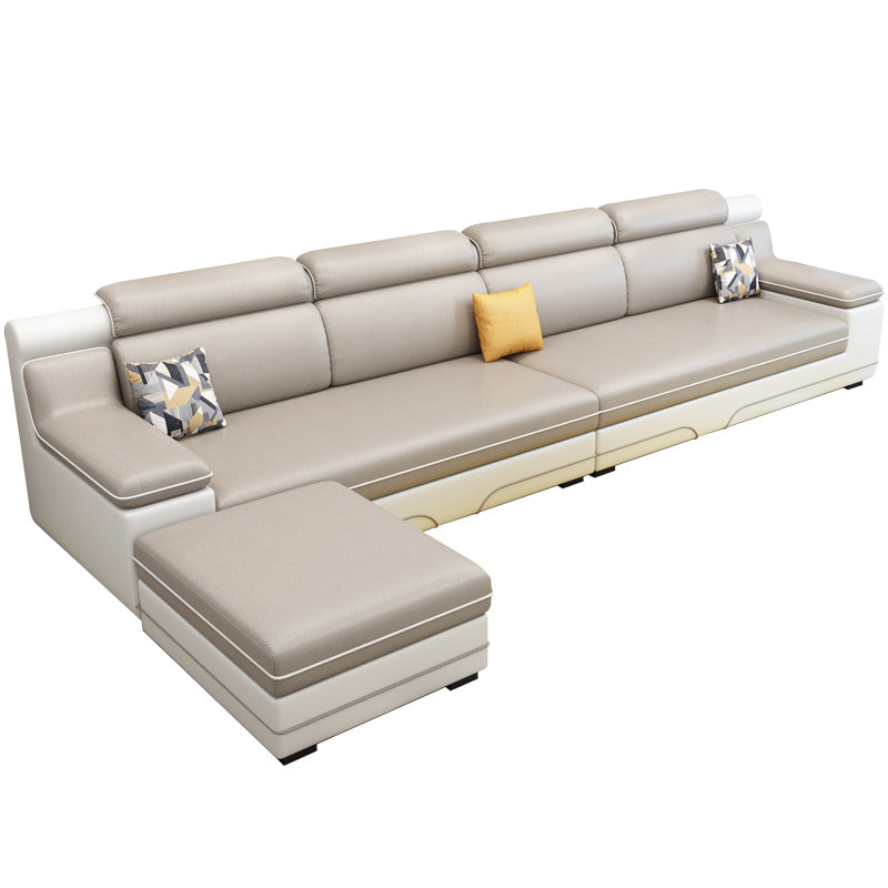 Contemporary Reversible Sectional Linen/Faux Leather Sofa with Ottoman for Four People