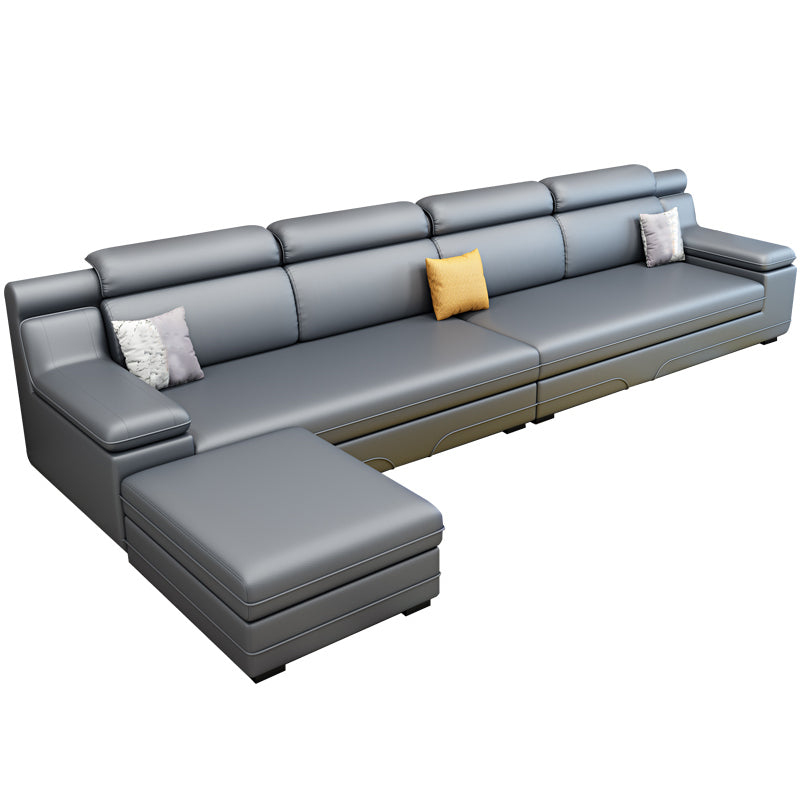 Contemporary Reversible Sectional Linen/Faux Leather Sofa with Ottoman for Four People