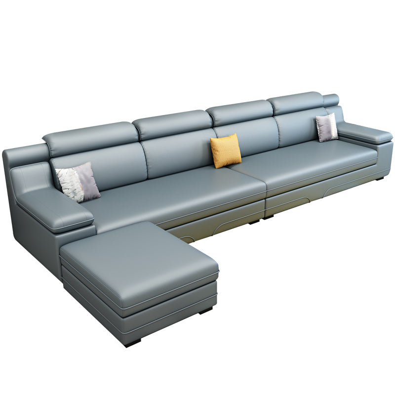 Contemporary Reversible Sectional Linen/Faux Leather Sofa with Ottoman for Four People