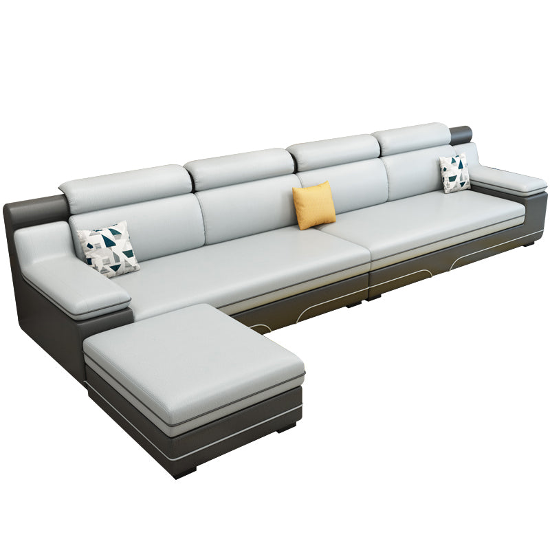 Contemporary Reversible Sectional Linen/Faux Leather Sofa with Ottoman for Four People