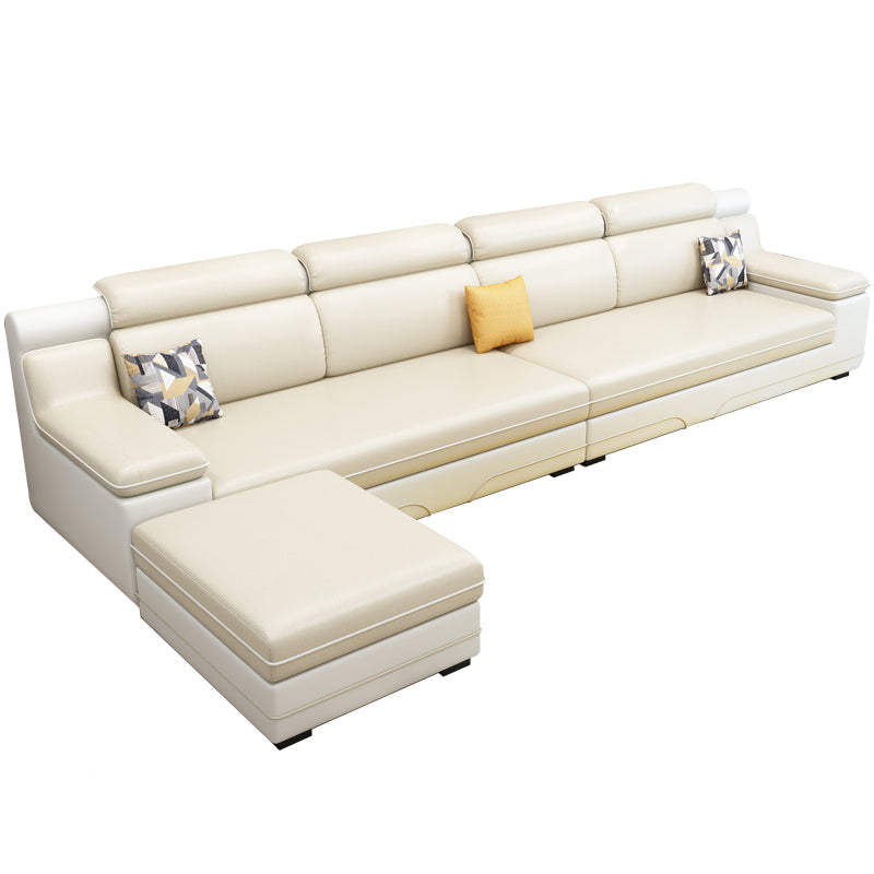Contemporary Reversible Sectional Linen/Faux Leather Sofa with Ottoman for Four People