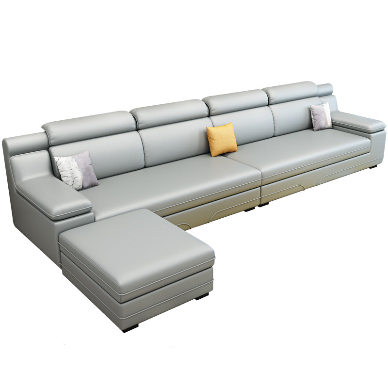 Contemporary Reversible Sectional Linen/Faux Leather Sofa with Ottoman for Four People