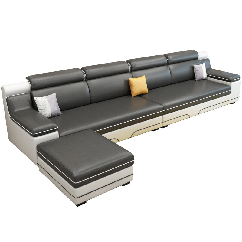 Contemporary Reversible Sectional Linen/Faux Leather Sofa with Ottoman for Four People