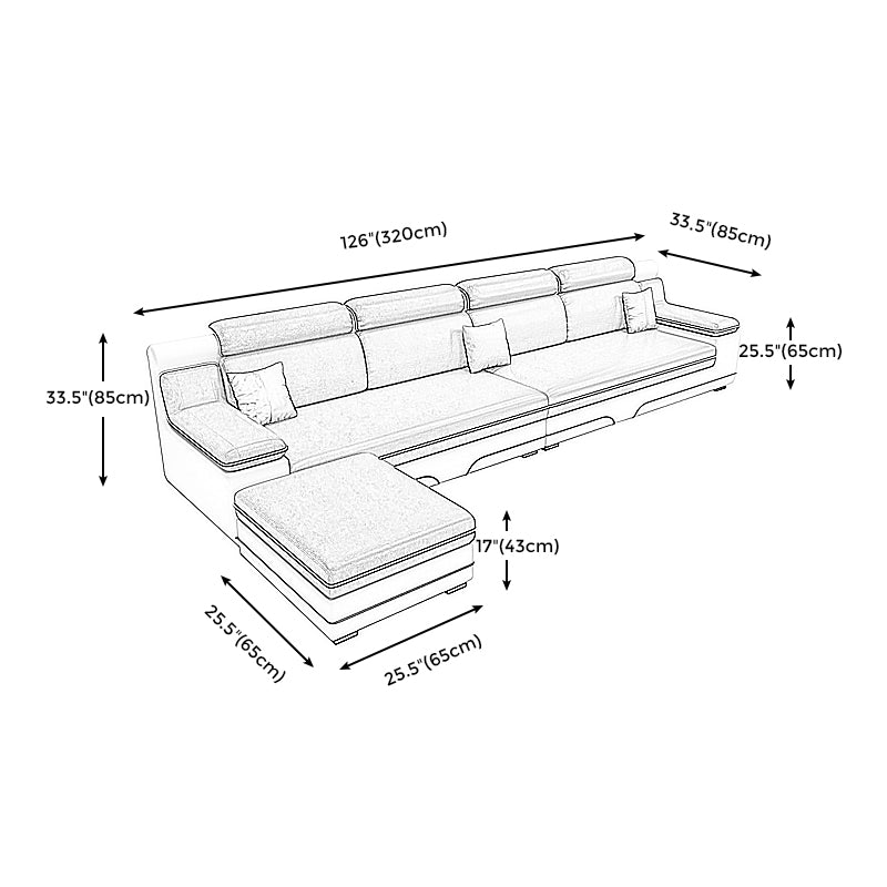 Contemporary Reversible Sectional Linen/Faux Leather Sofa with Ottoman for Four People