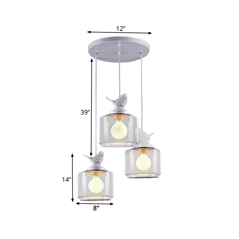 Drum Clear Glass Pendant Lighting Nordic 3 Bulbs White Multi Light Ceiling Light with Resin Bird Top
