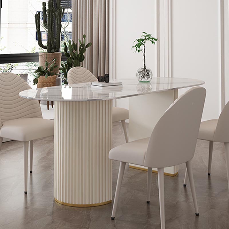 Metal Contemporary White Dining Table Marble Top Table with Double Pedestal